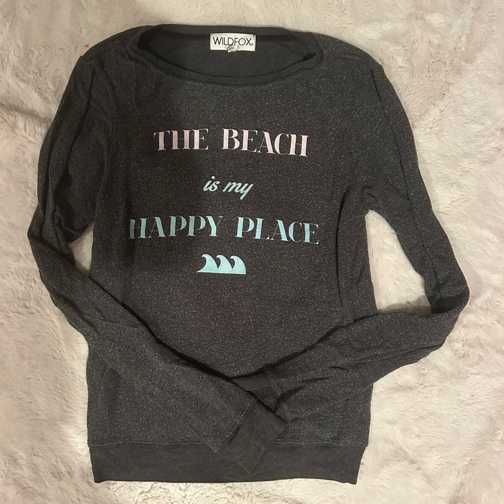 Wildfox Charcoal Sweater with Pastel lettering “The Beach is my Happy Place”